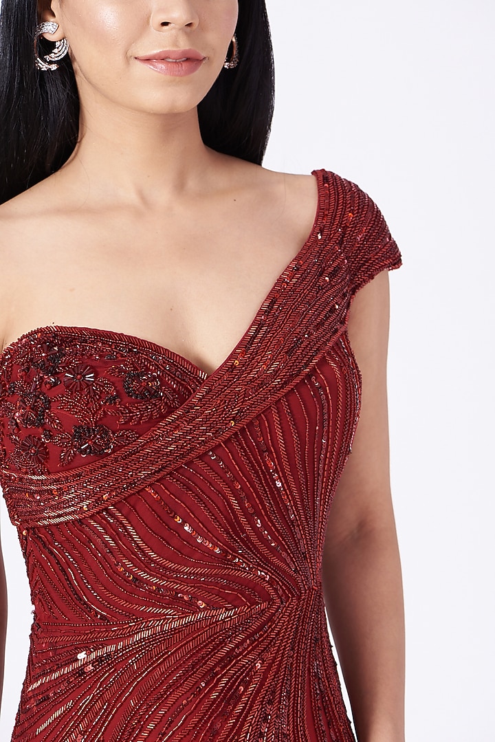 Red Hand Embroidered One-Shoulder Gown by Bhawna Rao at Pernia's Pop Up Shop