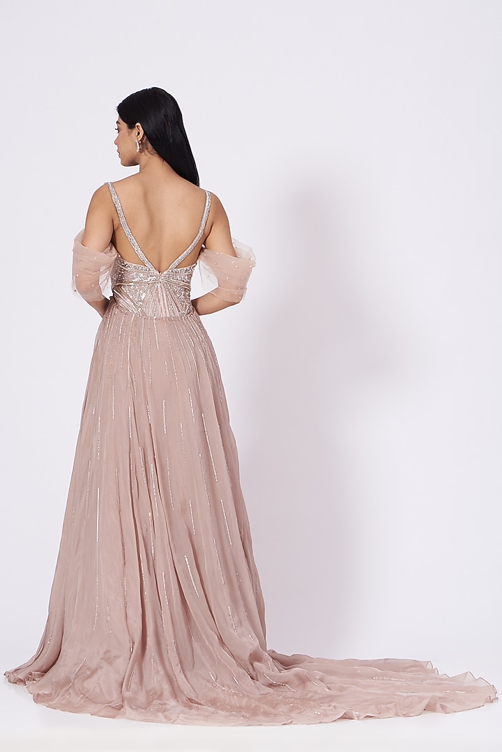 Nude Pink Sequins Hand Embroidered Gown by Bhawna Rao at Pernia's Pop Up Shop