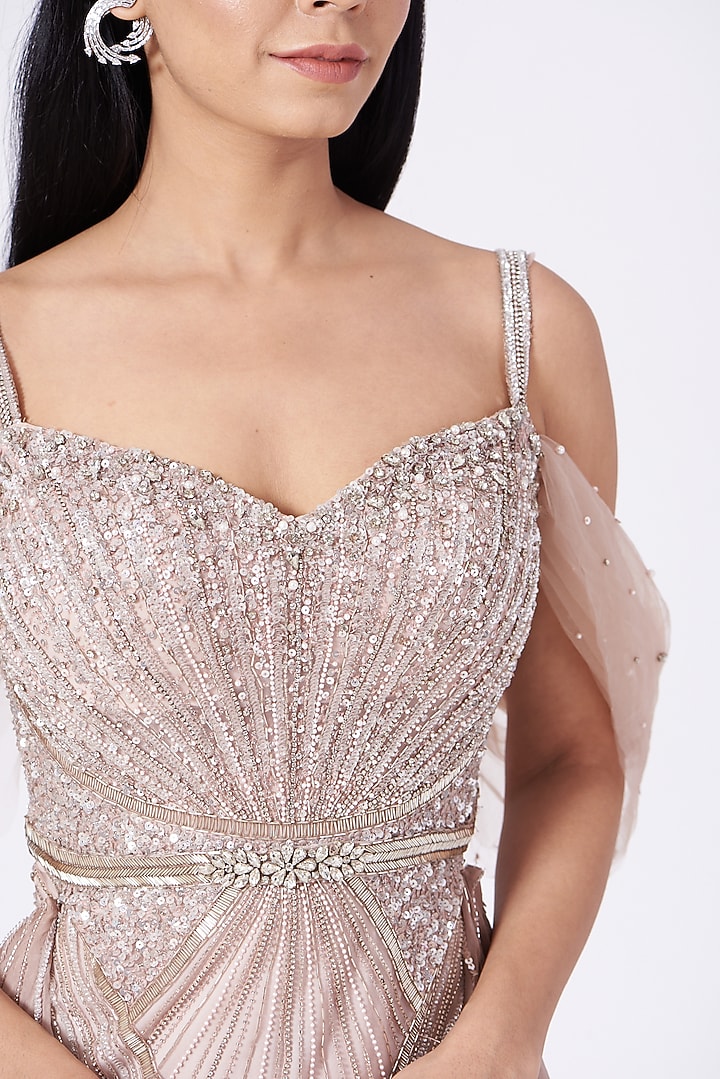 Nude Pink Sequins Hand Embroidered Gown by Bhawna Rao at Pernia's Pop Up Shop