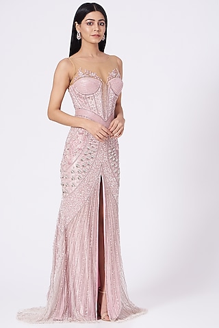 Pastel Pink Hand Embroidered Gown by Bhawna Rao