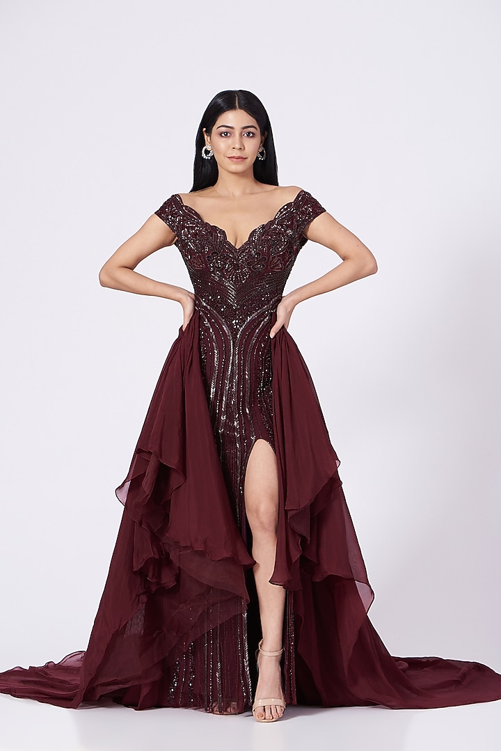 Burgundy Hand Embroidered One-Shoulder Gown by Bhawna Rao