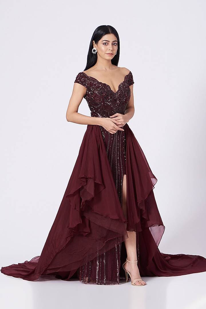 Burgundy Hand Embroidered One-Shoulder Gown by Bhawna Rao at Pernia's Pop Up Shop