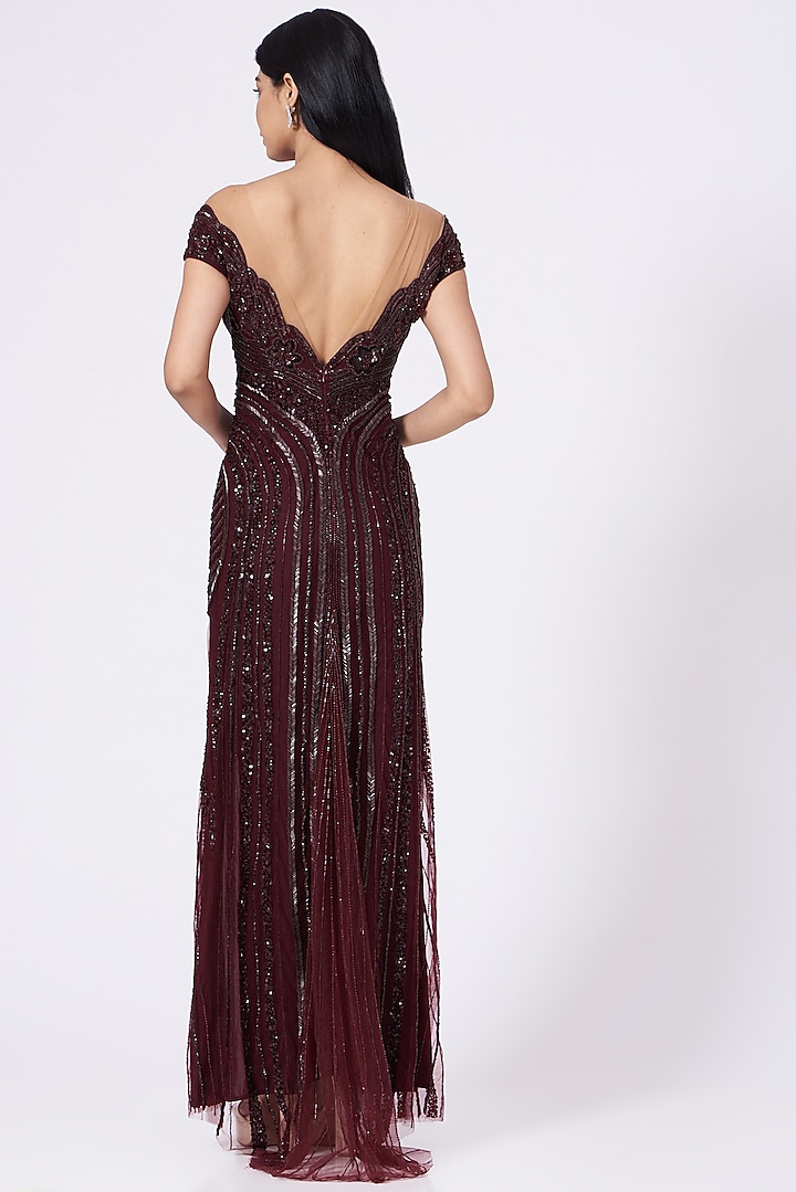 Burgundy Hand Embroidered One-Shoulder Gown by Bhawna Rao at Pernia's Pop Up Shop