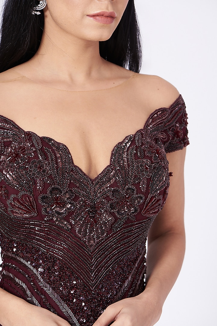 Burgundy Hand Embroidered One-Shoulder Gown by Bhawna Rao at Pernia's Pop Up Shop