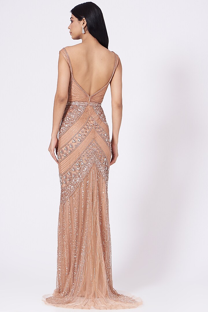 Rose Gold Hand Embroidered Gown by Bhawna Rao at Pernia's Pop Up Shop