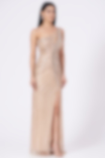 Nude Pink Gown With Hand Embroidery by Bhawna Rao at Pernia's Pop Up Shop