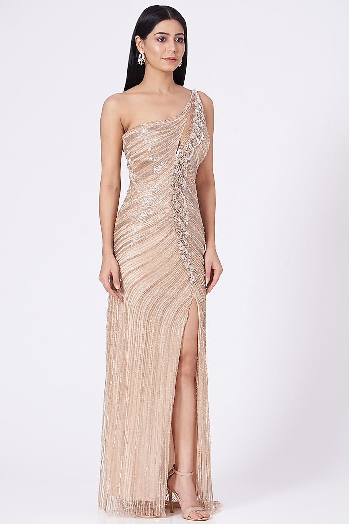 Nude Pink Gown With Hand Embroidery by Bhawna Rao at Pernia's Pop Up Shop