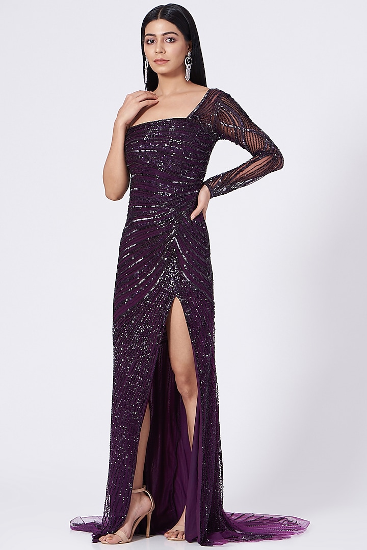 Aubergine Sequins Hand Embroidered Gown by Bhawna Rao