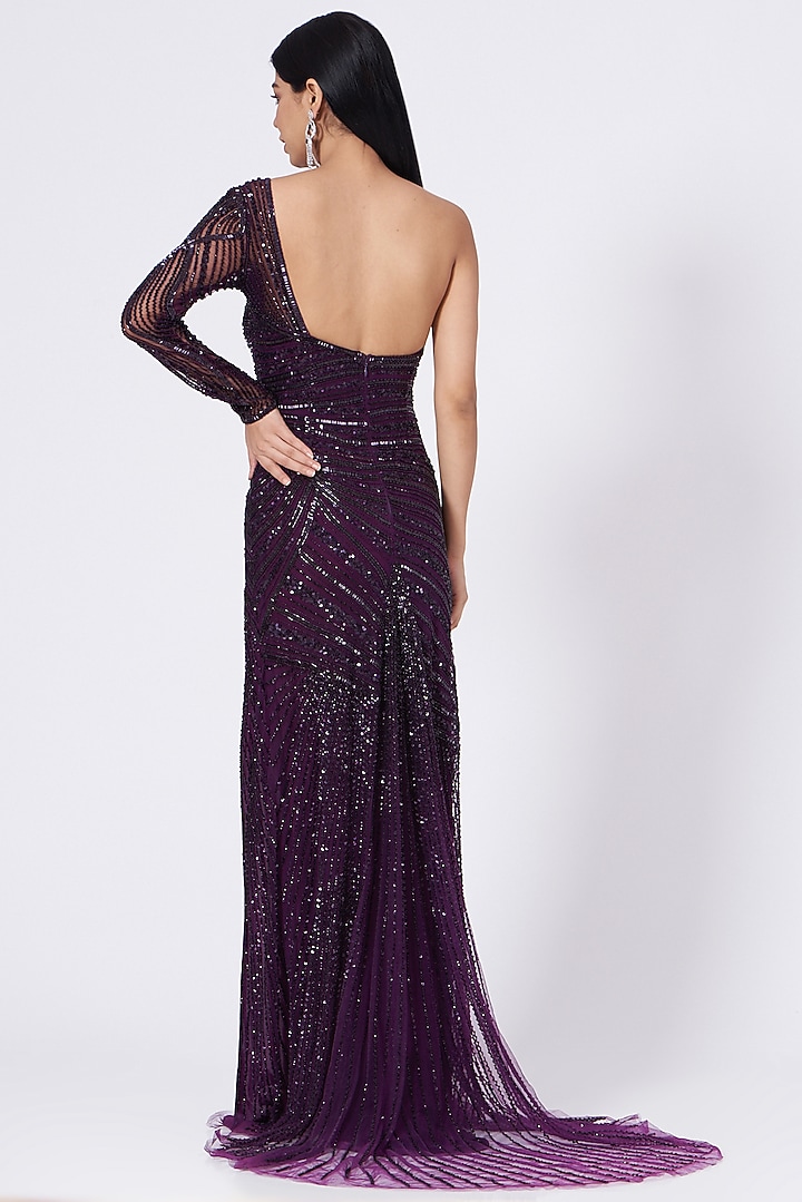 Aubergine Sequins Hand Embroidered Gown by Bhawna Rao at Pernia's Pop Up Shop