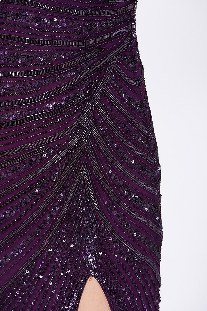 Aubergine Sequins Hand Embroidered Gown by Bhawna Rao at Pernia's Pop Up Shop