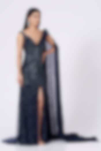 Navy Blue 3D Floral Hand Embroidered Gown by Bhawna Rao at Pernia's Pop Up Shop