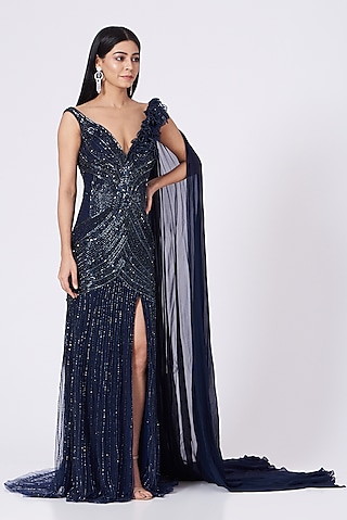 Navy Blue 3D Floral Hand Embroidered Gown by Bhawna Rao