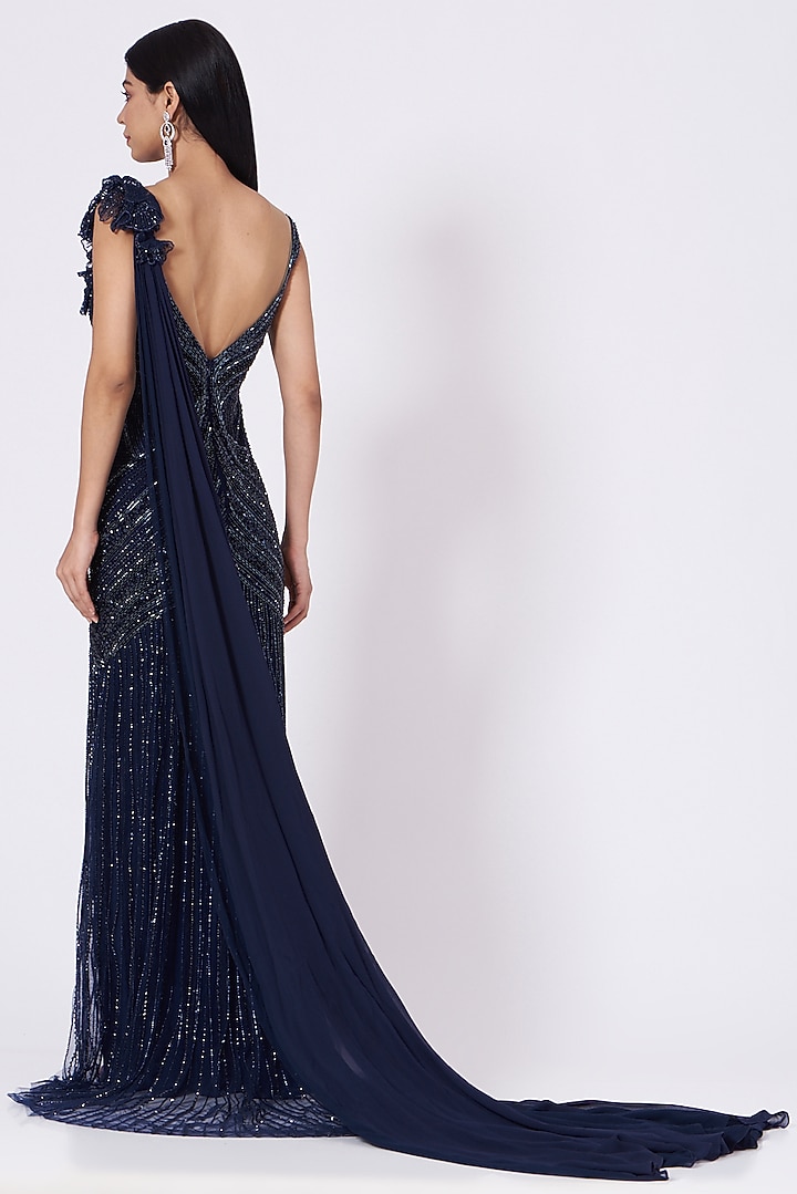Navy Blue 3D Floral Hand Embroidered Gown by Bhawna Rao at Pernia's Pop Up Shop