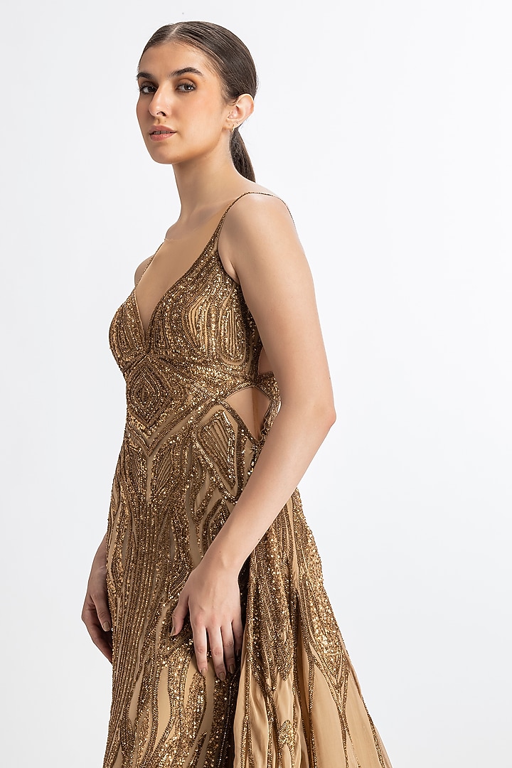 Antique Gold Italian Tulle Hand Embroidered Bridal Gown With An Overskirt by Bhawna Rao at Pernia's Pop Up Shop
