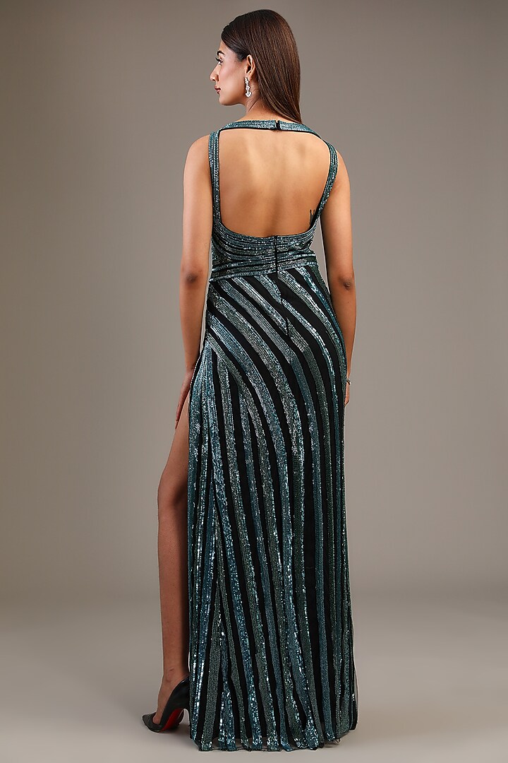 Blue & Black Italian Tulle Sequin Embroidered Wedding Gown by Bhawna Rao at Pernia's Pop Up Shop