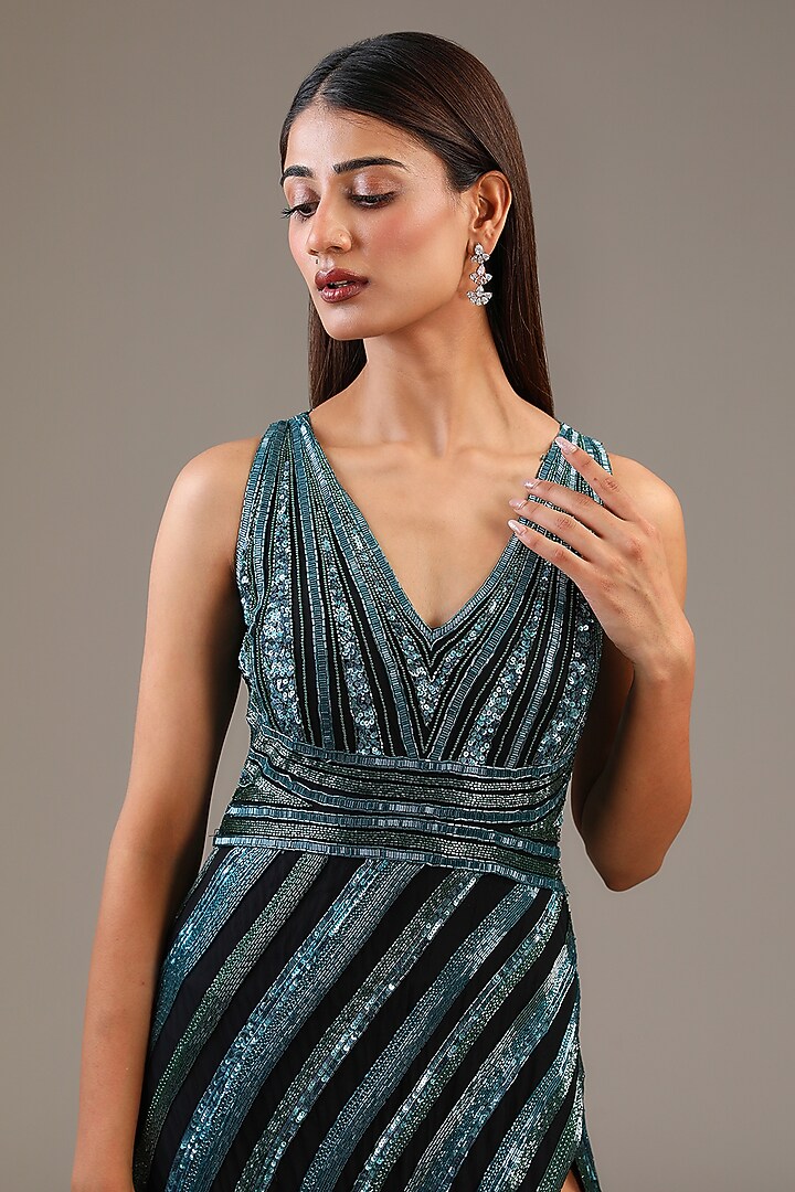 Blue & Black Italian Tulle Sequin Embroidered Wedding Gown by Bhawna Rao at Pernia's Pop Up Shop