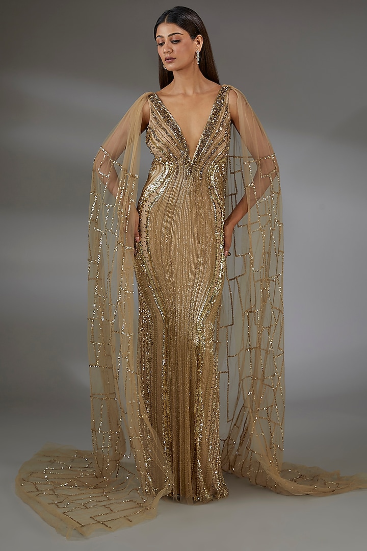 Gold Italian Tulle Crystal Embroidered Gown by Bhawna Rao at Pernia's Pop Up Shop