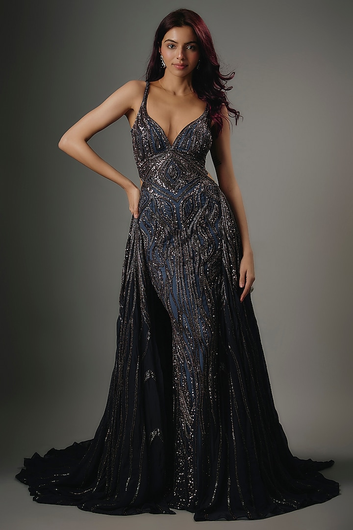Midnight Blue Italian Tulle Beads & Crystal Hand Embroidered Gown by Bhawna Rao