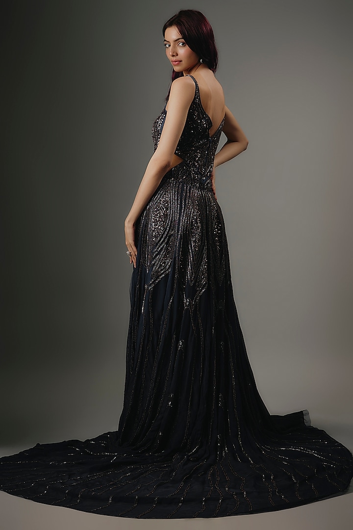 Midnight Blue Italian Tulle Beads & Crystal Hand Embroidered Bridal Gown by Bhawna Rao at Pernia's Pop Up Shop