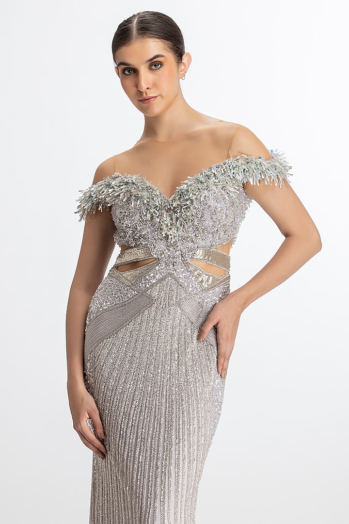 Metallic Lilac Italian Tulle Hand Embroidered Bridal Gown by Bhawna Rao at Pernia's Pop Up Shop