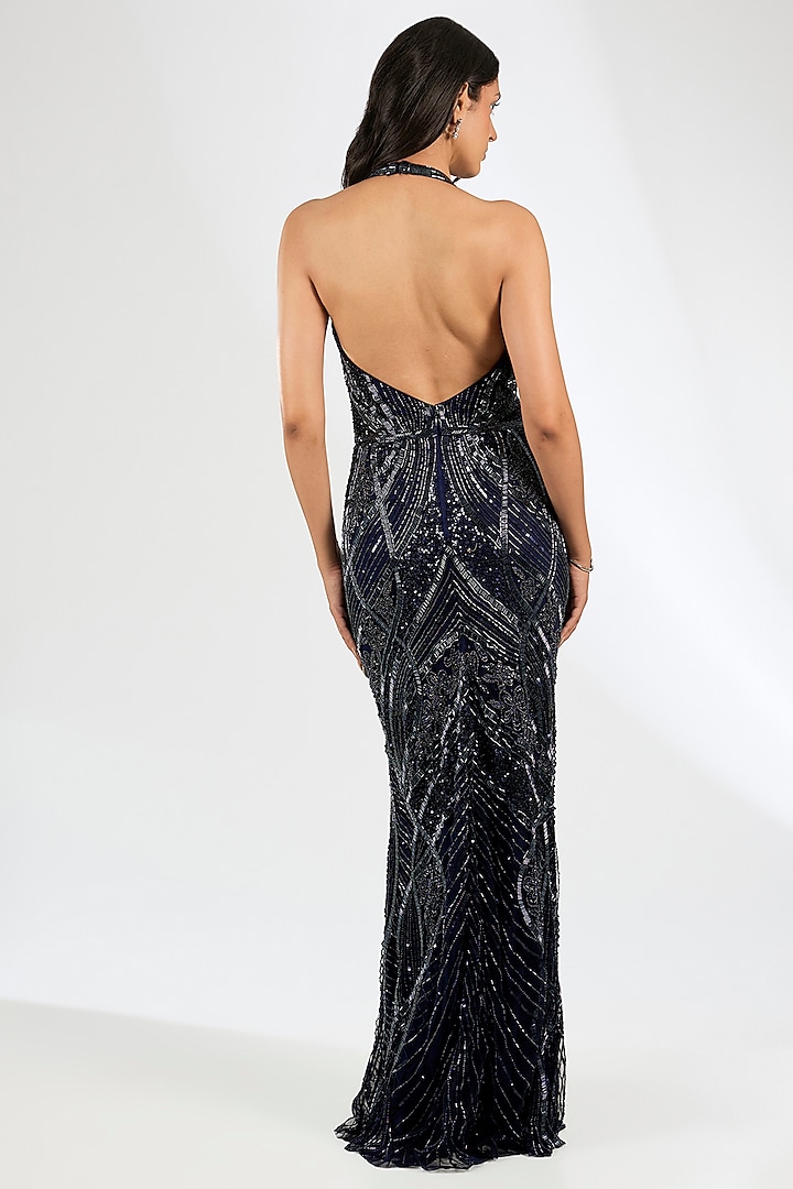Blue Italian Tulle Crystal Embroidered Wedding Gown by Bhawna Rao at Pernia's Pop Up Shop