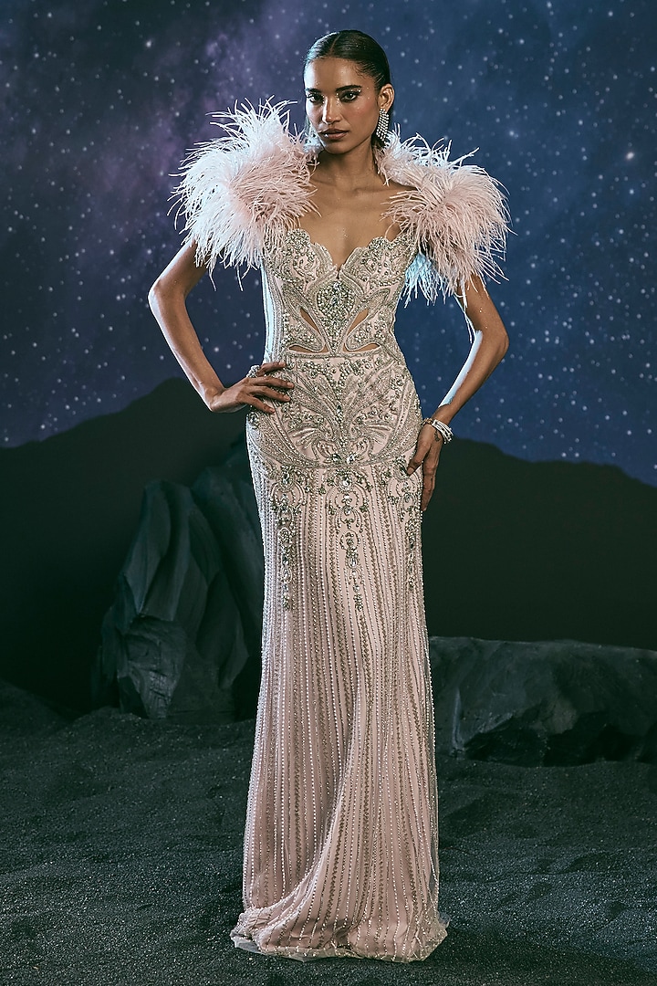 Pink Italian Tulle & Silk Lycra Embroidered Bridal Gown by Bhawna Rao at Pernia's Pop Up Shop