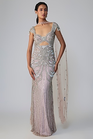 Sot Mink Italian Tulle & Silk Lycra Embroidered Gown by Bhawna Rao