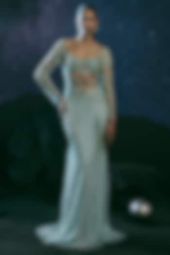 Serene Sky Blue Italian Tulle & Silk Lycra Beadwork Wedding Gown by Bhawna Rao at Pernia's Pop Up Shop