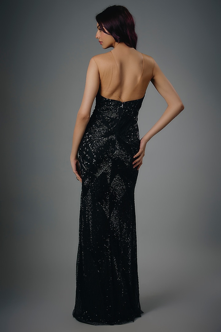 Black Italian Tulle Beads & Crystal Hand Embroidered Corset Sheath Wedding Gown by Bhawna Rao at Pernia's Pop Up Shop