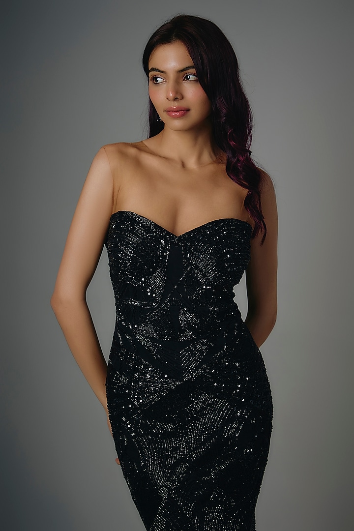 Black Italian Tulle Beads & Crystal Hand Embroidered Corset Sheath Wedding Gown by Bhawna Rao at Pernia's Pop Up Shop