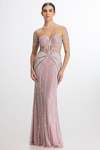 Fresh Pink Italian Tulle Hand Embroidered Gown by Bhawna Rao