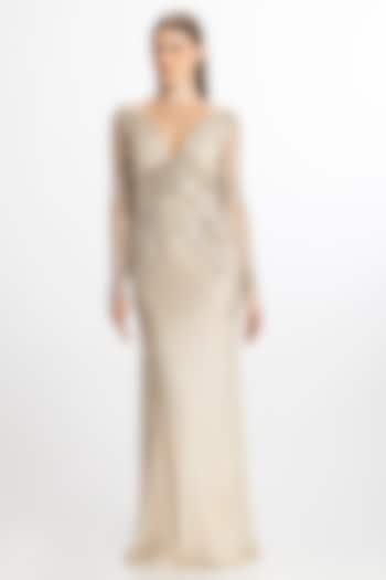 Silver Ivory Italian Tulle Hand Embroidered Gown by Bhawna Rao at Pernia's Pop Up Shop