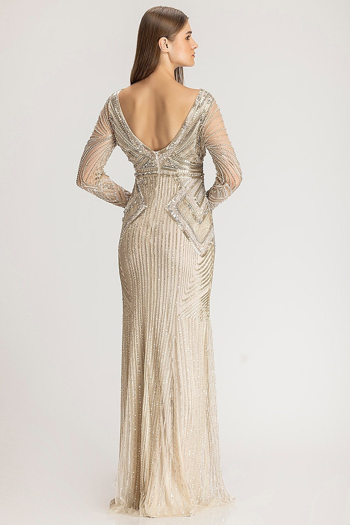Silver Ivory Italian Tulle Hand Embroidered Wedding Gown by Bhawna Rao at Pernia's Pop Up Shop