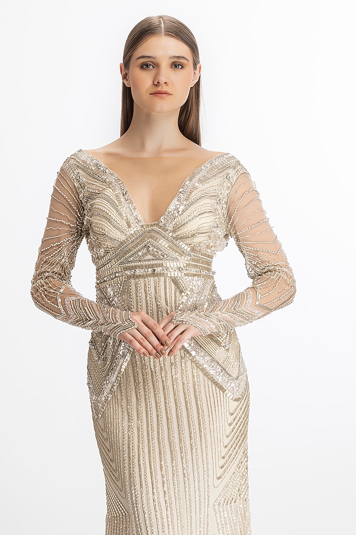 Silver Ivory Italian Tulle Hand Embroidered Wedding Gown by Bhawna Rao at Pernia's Pop Up Shop