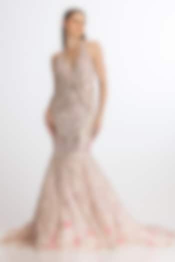 Soft Pink Italian Tulle Hand Embroidered Bridal Gown by Bhawna Rao at Pernia's Pop Up Shop