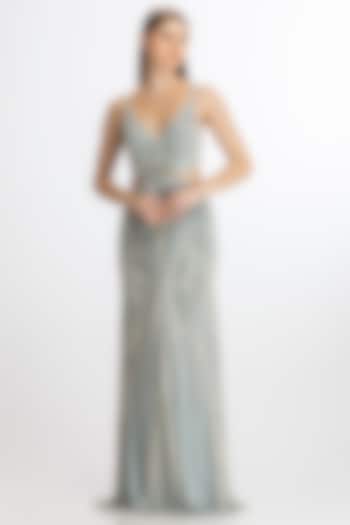 Metallic Silver Blue Italian Tulle Hand Embroidered Wedding Gown by Bhawna Rao at Pernia's Pop Up Shop