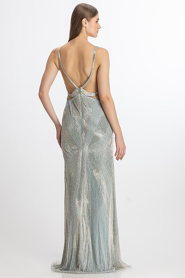 Metallic Silver Blue Italian Tulle Hand Embroidered Wedding Gown by Bhawna Rao at Pernia's Pop Up Shop