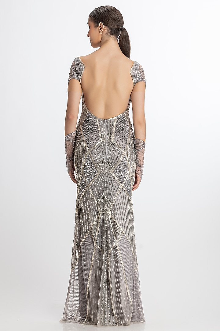 Metallic Grey Italian Tulle Hand Embroidered Bridal Gown by Bhawna Rao at Pernia's Pop Up Shop