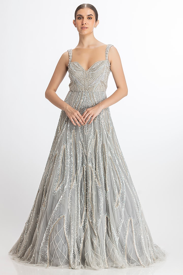 Silver Blue Italian Tulle Hand Embroidered Flared Bridal Gown by Bhawna Rao at Pernia's Pop Up Shop