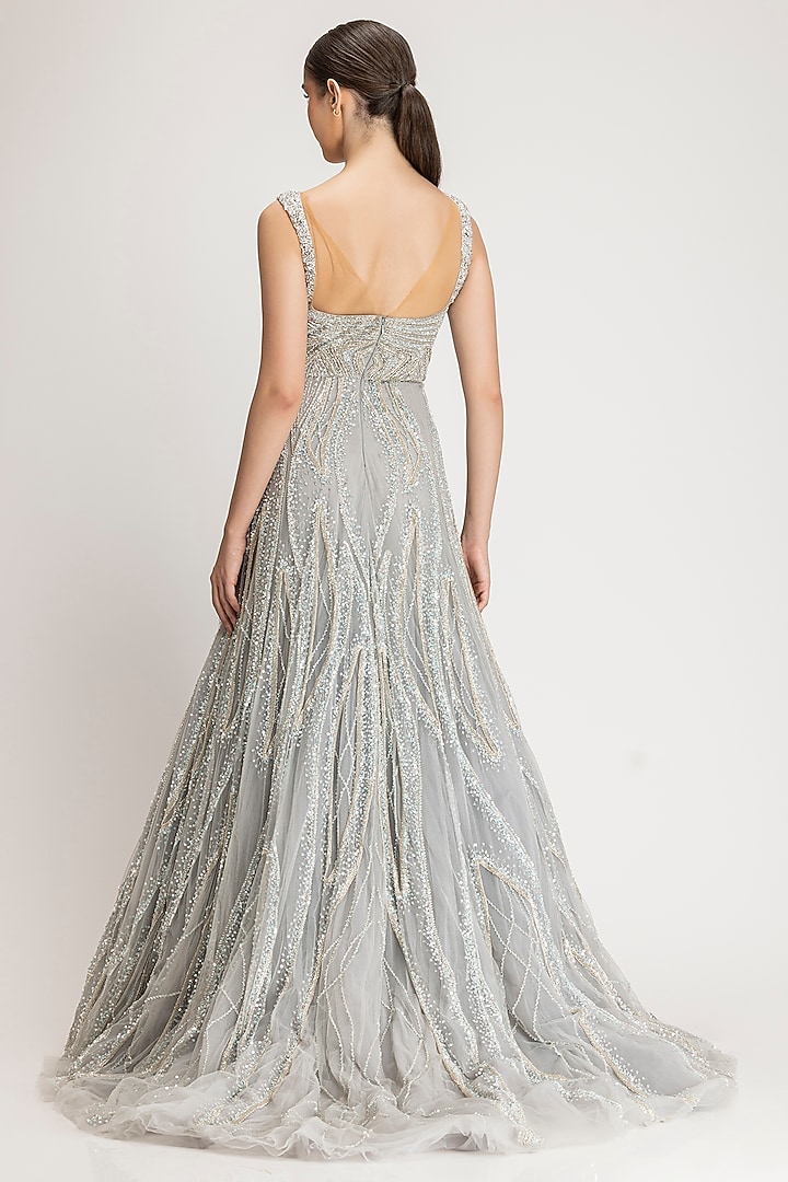 Silver Blue Italian Tulle Hand Embroidered Flared Bridal Gown by Bhawna Rao at Pernia's Pop Up Shop