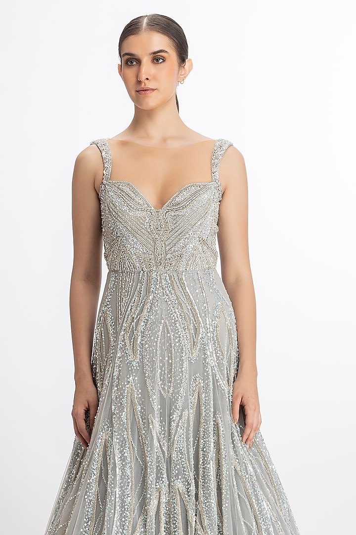 Silver Blue Italian Tulle Hand Embroidered Flared Bridal Gown by Bhawna Rao at Pernia's Pop Up Shop