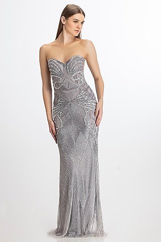 Lit Grey Italian Tulle Hand Embroidered Flared Gown by Bhawna Rao