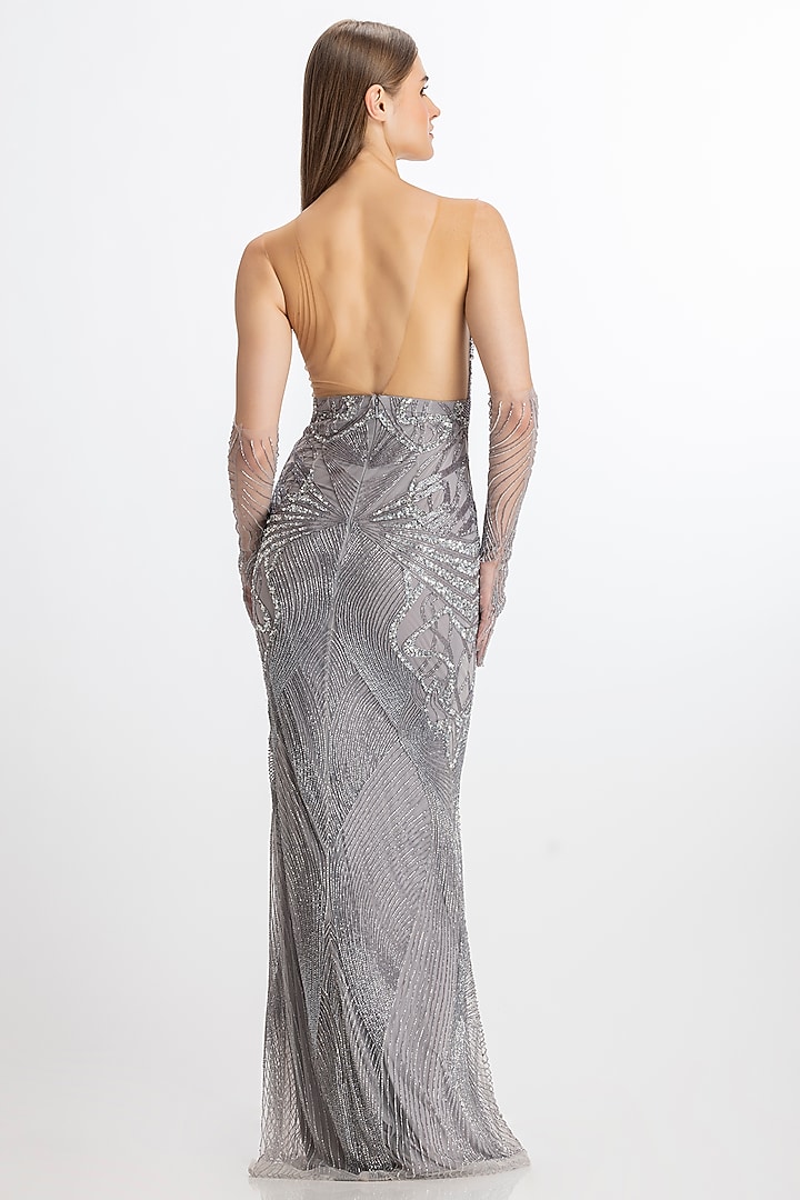 Lit Grey Italian Tulle Hand Embroidered Flared Wedding Gown by Bhawna Rao at Pernia's Pop Up Shop
