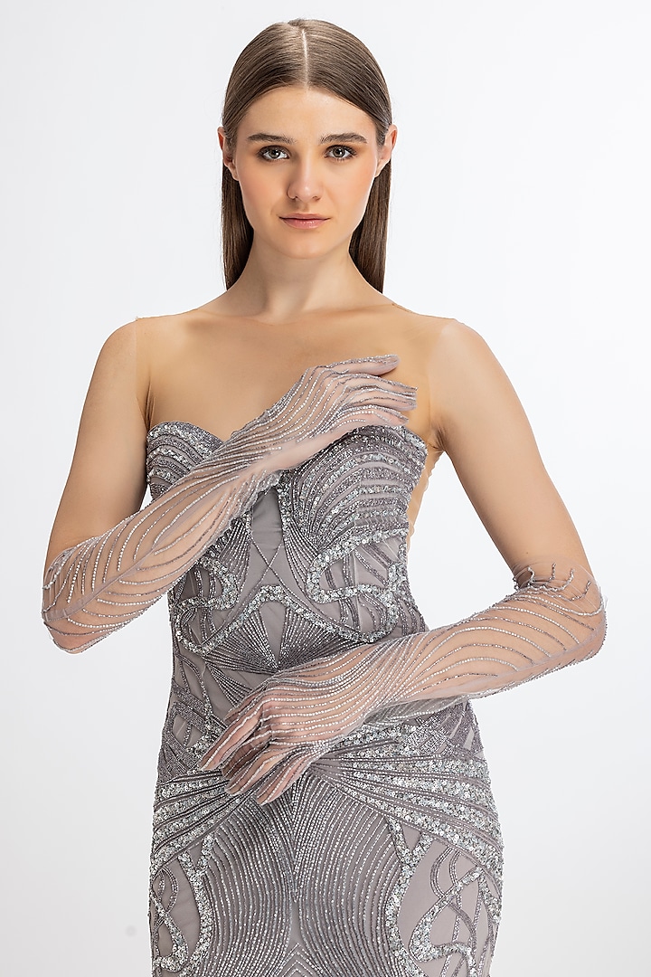Lit Grey Italian Tulle Hand Embroidered Flared Wedding Gown by Bhawna Rao at Pernia's Pop Up Shop
