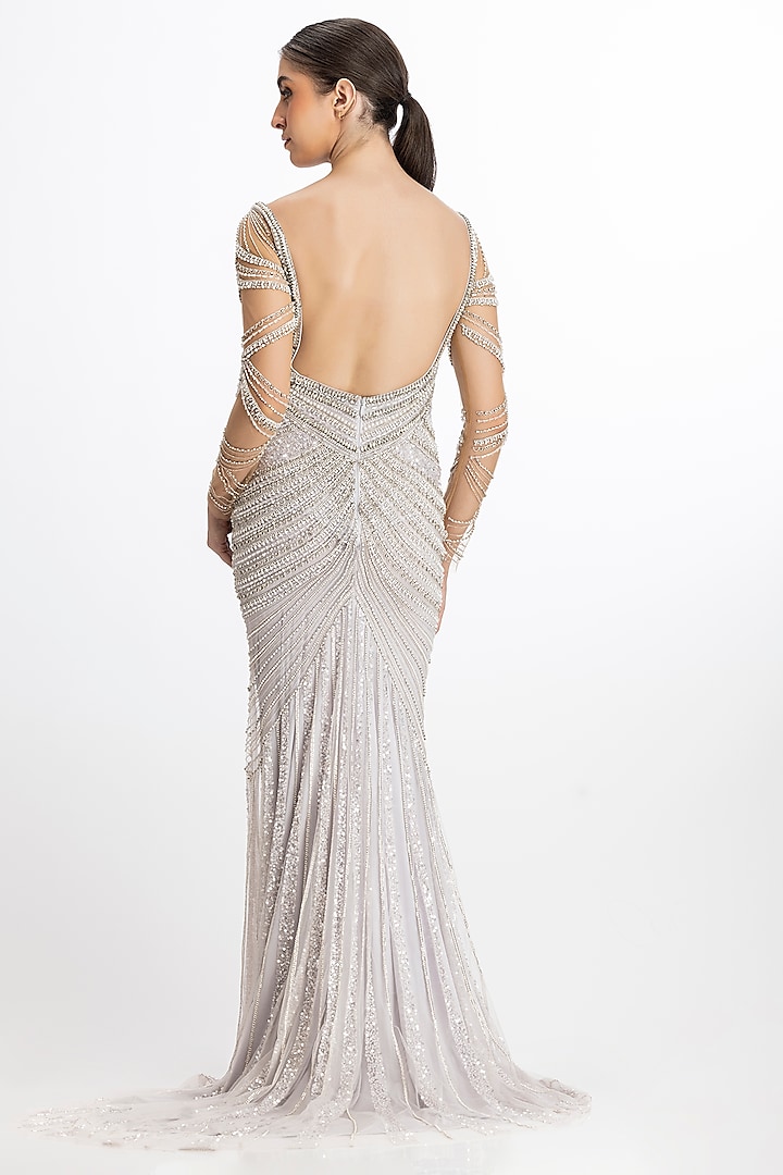 Silver Lilac Italian Tulle Bead Hand Embellished Bridal Gown by Bhawna Rao at Pernia's Pop Up Shop