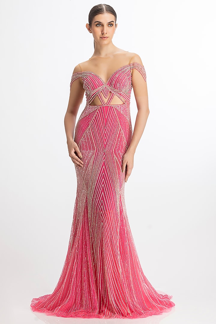 Vibrant Pink Italian Tulle Crystal Hand Embroidered Off-Shoulder Wedding Gown by Bhawna Rao at Pernia's Pop Up Shop