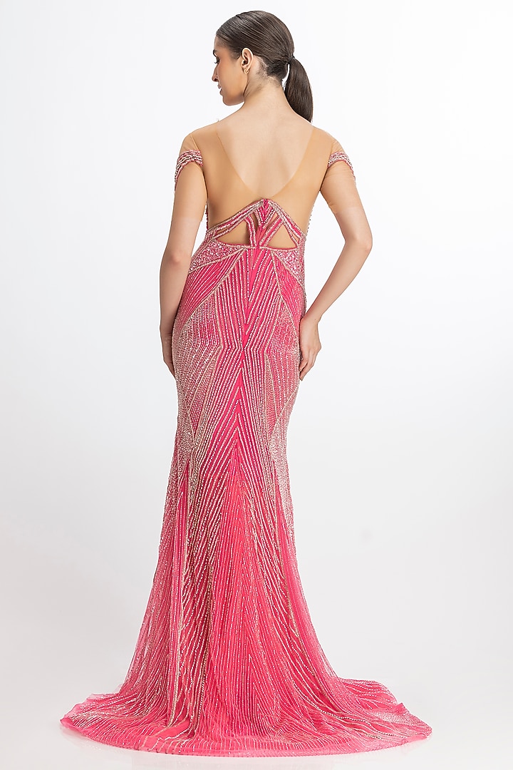 Vibrant Pink Italian Tulle Crystal Hand Embroidered Off-Shoulder Wedding Gown by Bhawna Rao at Pernia's Pop Up Shop