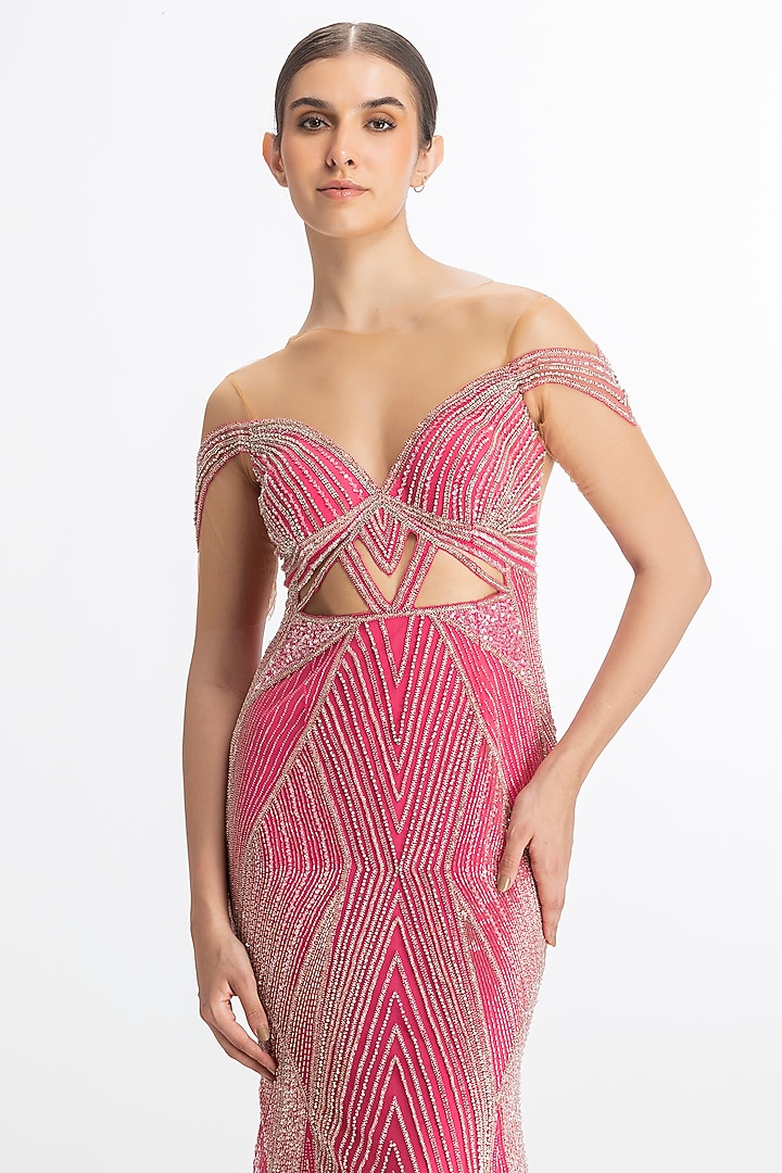Vibrant Pink Italian Tulle Crystal Hand Embroidered Off-Shoulder Wedding Gown by Bhawna Rao at Pernia's Pop Up Shop