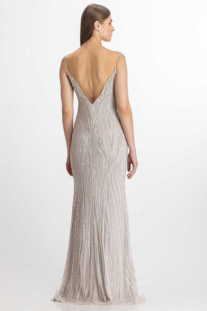 Metallic Lilac Italian Tulle Hand Embroidered Wedding Gown by Bhawna Rao at Pernia's Pop Up Shop