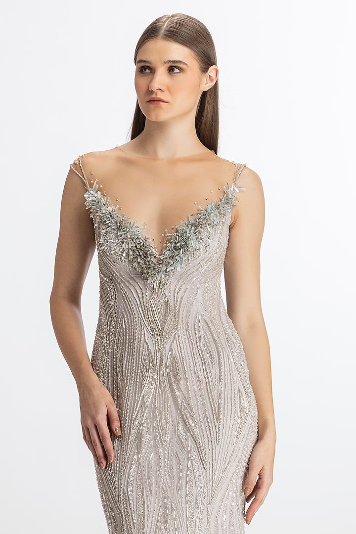 Metallic Lilac Italian Tulle Hand Embroidered Wedding Gown by Bhawna Rao at Pernia's Pop Up Shop
